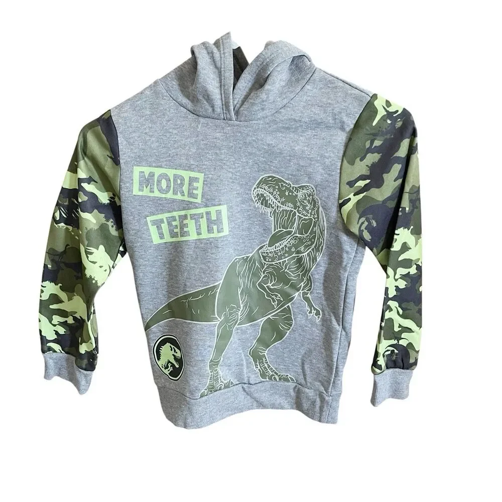 Jurassic World Boys Hoodie Sz 7 Dinosaur Camo Sweatshirt Gray More Teeth School